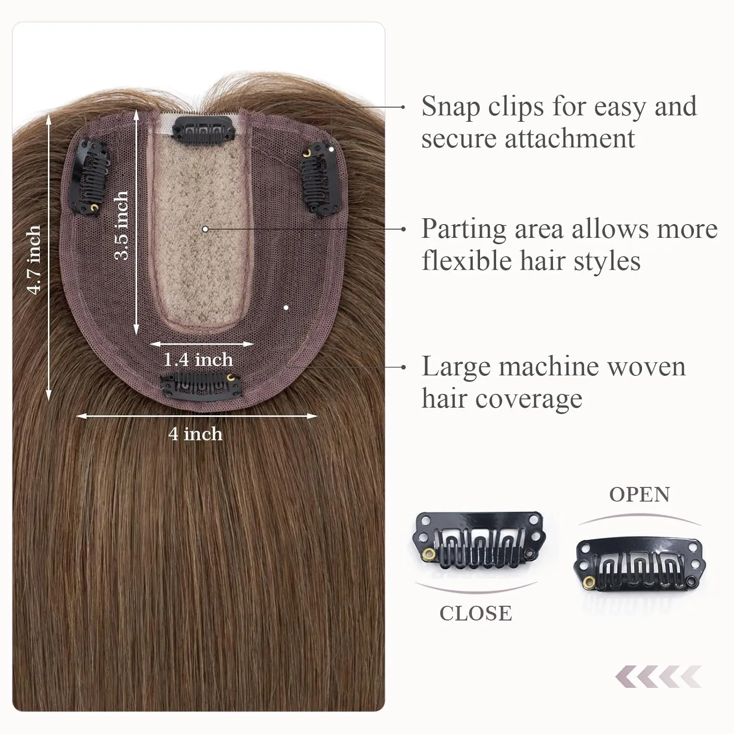 Hairro Human Hair Topper, Clips in 100% Real Hairpieces with 4"x 4.7" Silk Base for Women, for High Hairline/Covering Greyish Thin Hair on Top, 6 Inch Mocha Brown