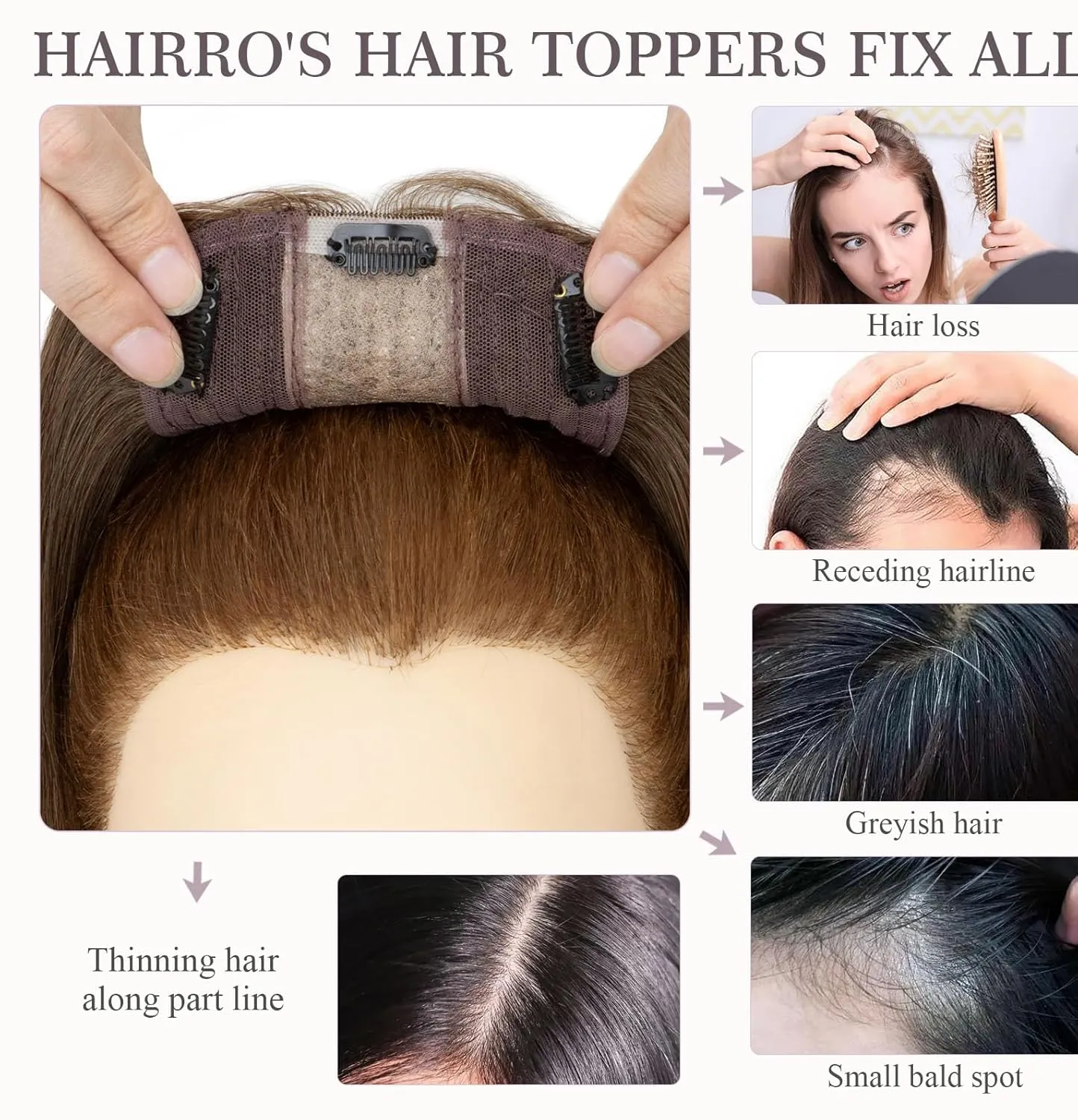 Hairro Human Hair Topper, Clips in 100% Real Hairpieces with 4"x 4.7" Silk Base for Women, for High Hairline/Covering Greyish Thin Hair on Top, 6 Inch Mocha Brown
