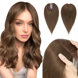 Hairro Human Hair Topper, Clips in 100% Real Hairpieces with 4"x 4.7" Silk Base for Women, for High Hairline/Covering Greyish Thin Hair on Top, 6 Inch Mocha Brown