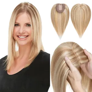 Hairro Human Hair Topper, Clips in 100% Real Hairpieces with 4"x 4.7" Silk Base for Women, for High Hairline/Covering Greyish Thin Hair on Top, 8 Inch Golden Brown Mix Bleach Blonde