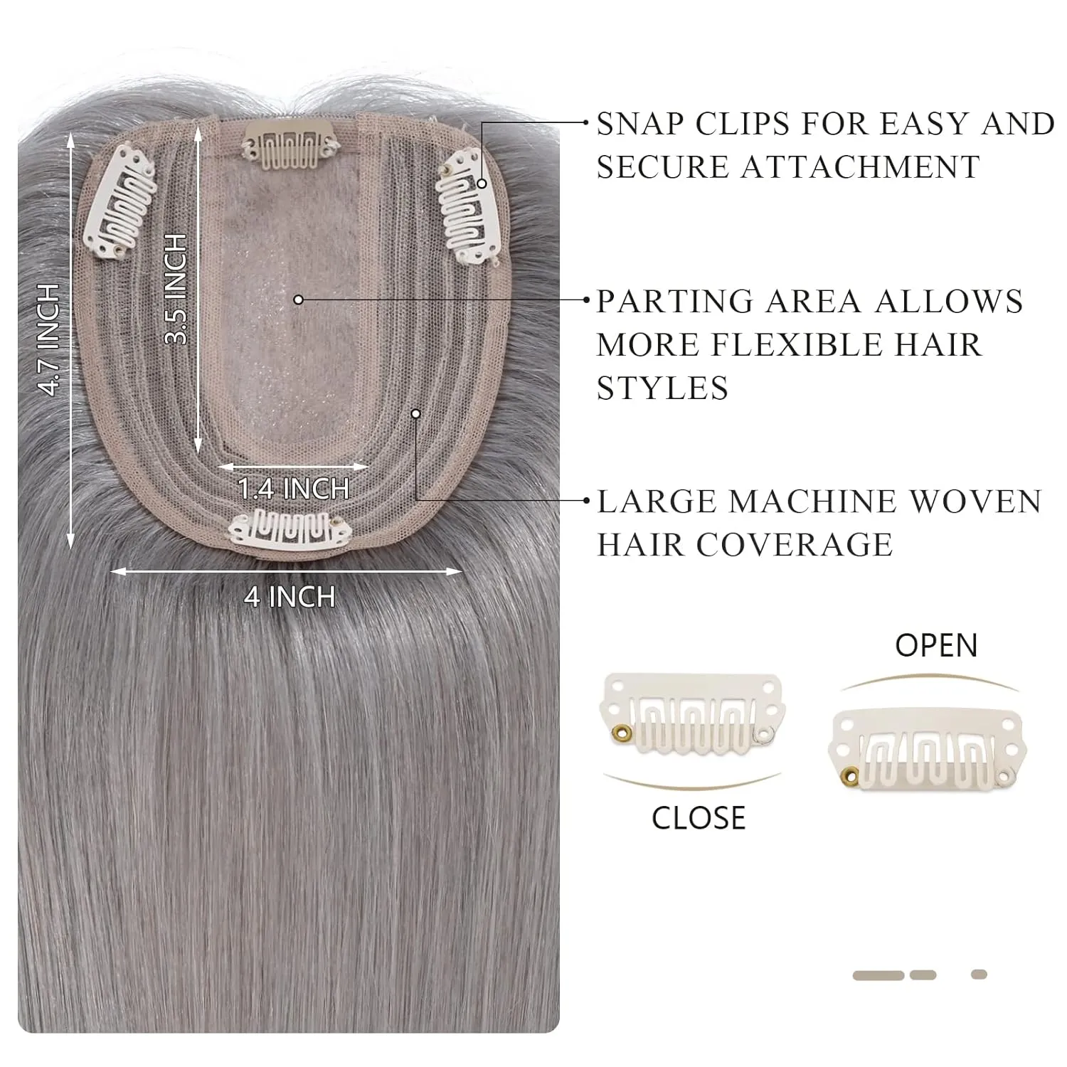 Hairro Human Hair Topper, Clips in 100% Real Hairpieces with 4"x 4.7" Silk Base for Women, for High Hairline/Covering Greyish Thin Hair on Top, 8 Inch Grey