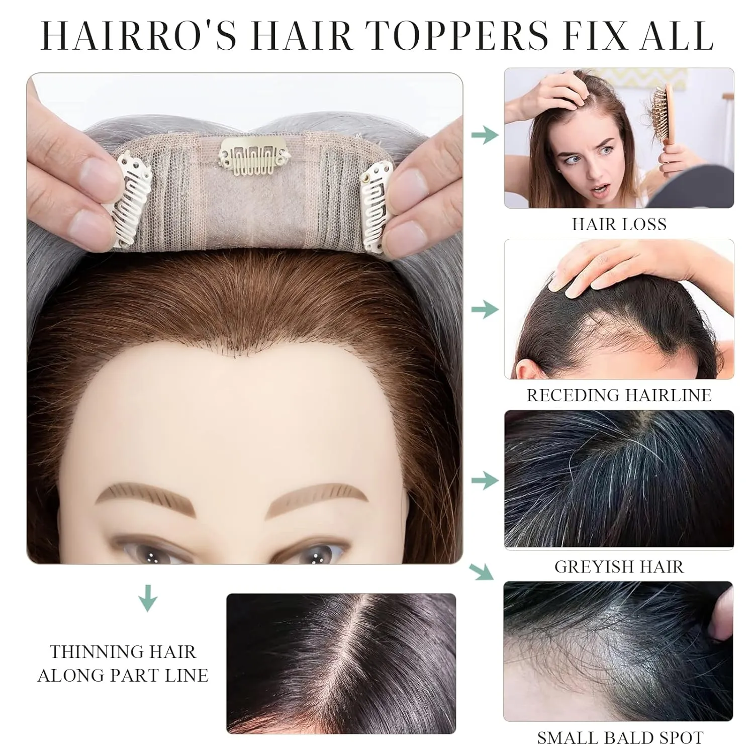 Hairro Human Hair Topper, Clips in 100% Real Hairpieces with 4"x 4.7" Silk Base for Women, for High Hairline/Covering Greyish Thin Hair on Top, 8 Inch Grey