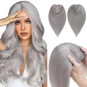 Hairro Human Hair Topper, Clips in 100% Real Hairpieces with 4"x 4.7" Silk Base for Women, for High Hairline/Covering Greyish Thin Hair on Top, 8 Inch Grey