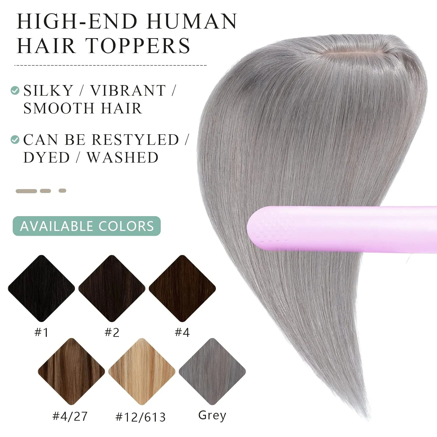 Hairro Human Hair Topper, Clips in 100% Real Hairpieces with 4"x 4.7" Silk Base for Women, for High Hairline/Covering Greyish Thin Hair on Top, 8 Inch Grey