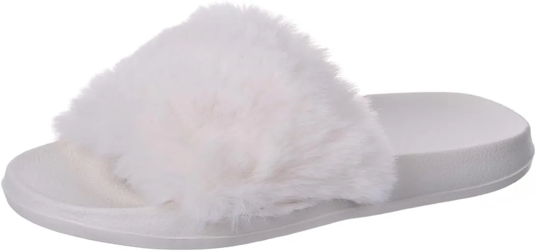 Harssidanzar Womens Soft Faux Fur Flat Slide Sandals Comfortable Indoor Outdoor Slipper HL208US