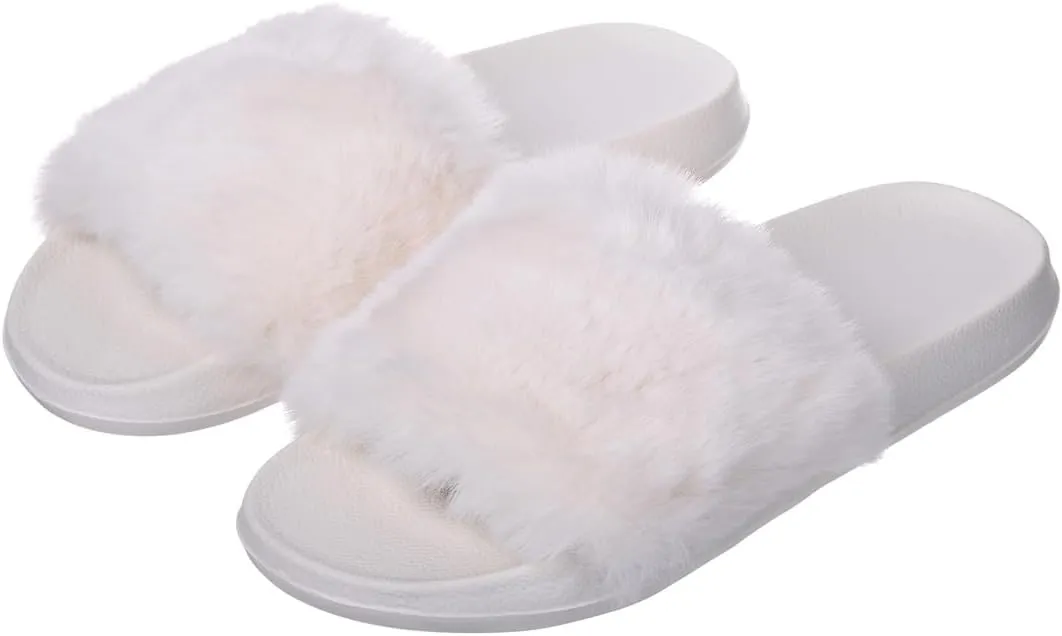 Harssidanzar Womens Soft Faux Fur Flat Slide Sandals Comfortable Indoor Outdoor Slipper HL208US