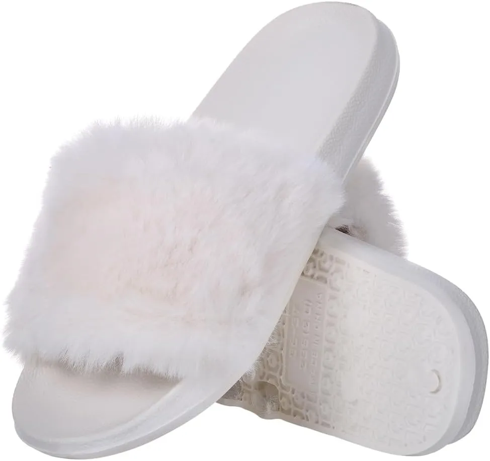 Harssidanzar Womens Soft Faux Fur Flat Slide Sandals Comfortable Indoor Outdoor Slipper HL208US