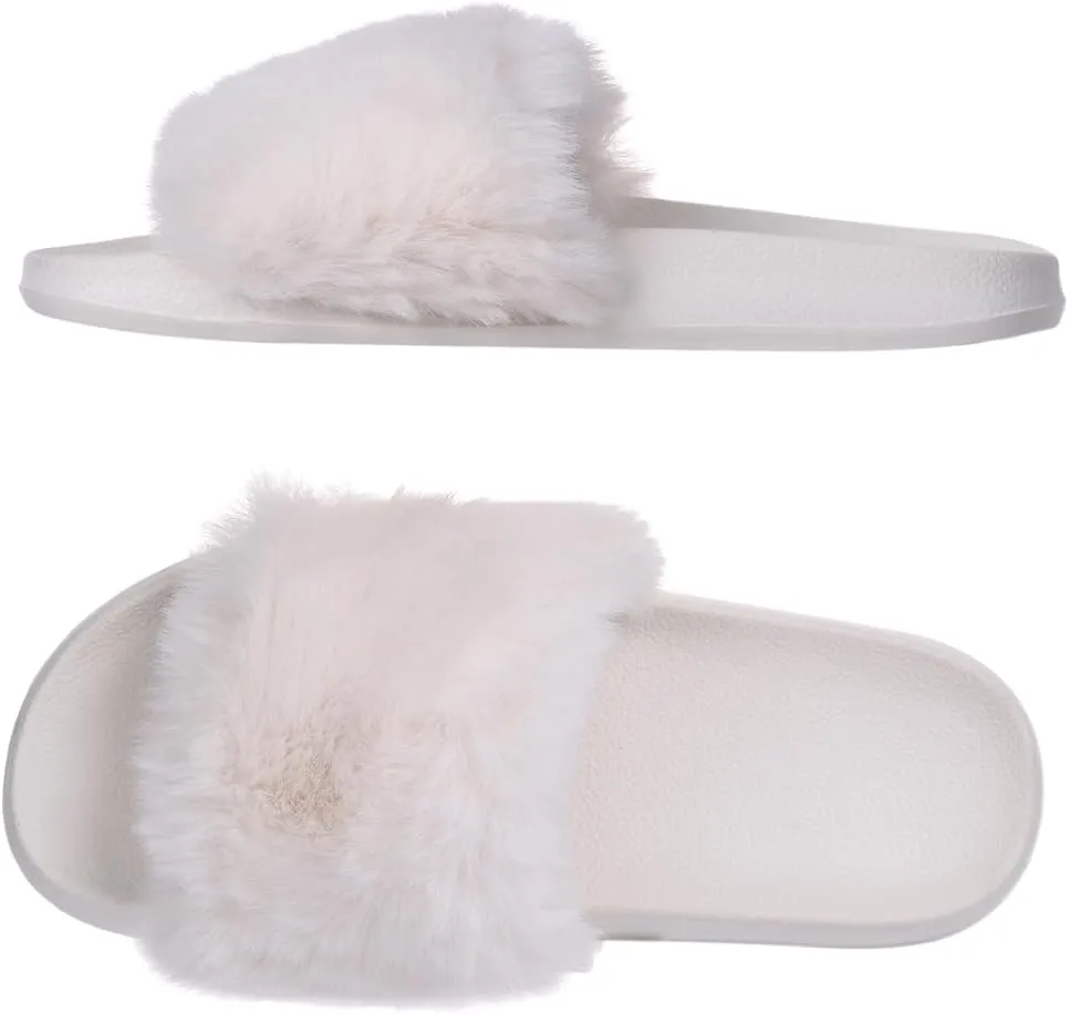 Harssidanzar Womens Soft Faux Fur Flat Slide Sandals Comfortable Indoor Outdoor Slipper HL208US