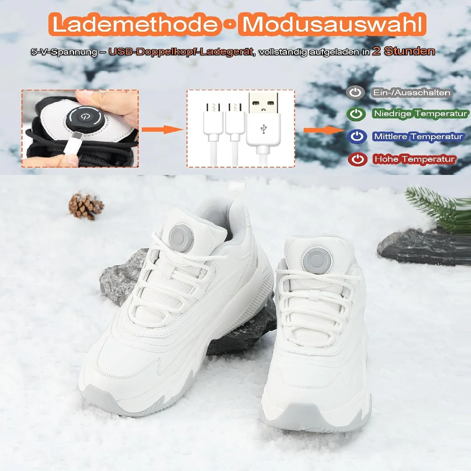 Heated Sports Shoes, Fever Suede Lining Sneakers for Men & Women 4000mAh Rechargeable Lithium Battery Power Supply 3 Temperature Settings Hiking Heating Device