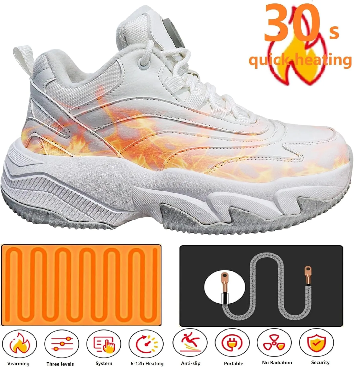 Heated Sports Shoes, Fever Suede Lining Sneakers for Men & Women 4000mAh Rechargeable Lithium Battery Power Supply 3 Temperature Settings Hiking Heating Device