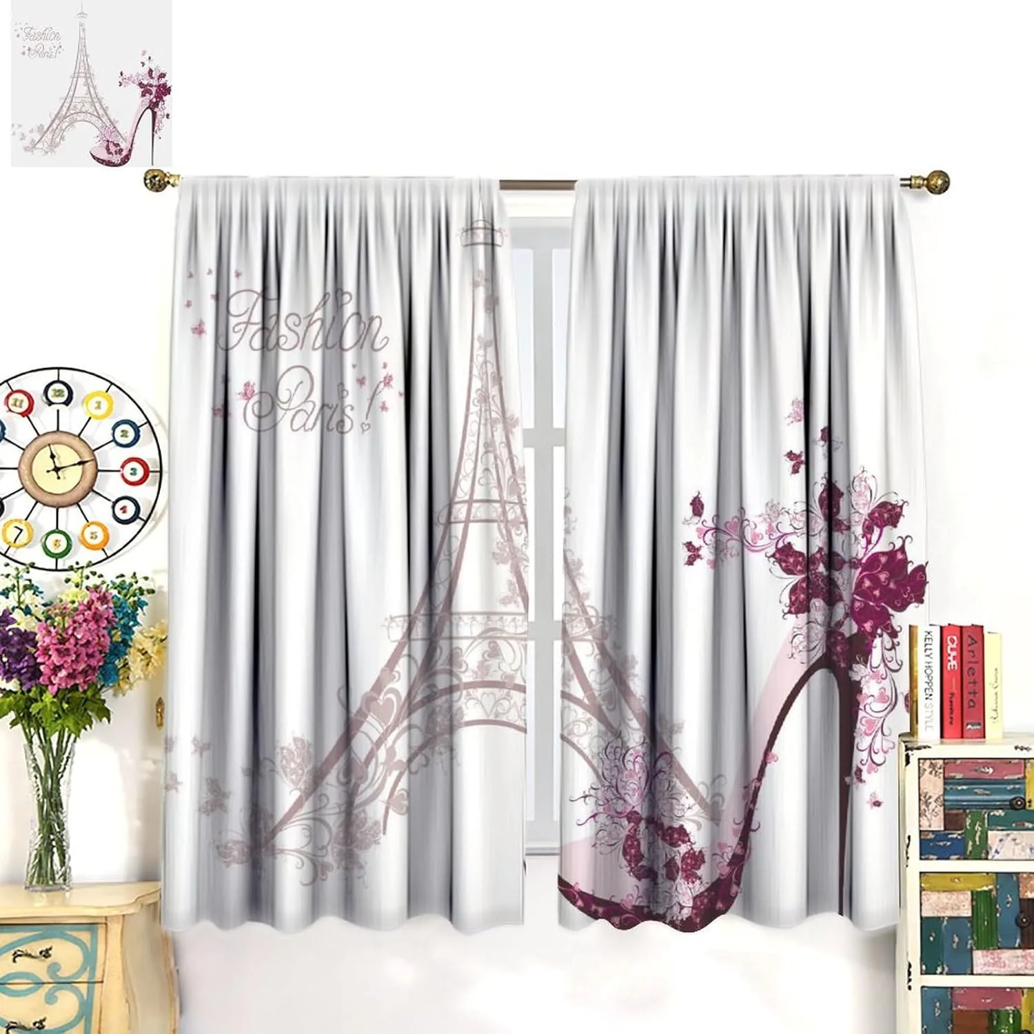 High Heel Shoe Curtains, Girls Lady Floral Eiffel Tower Cloth Farbic Window Treatment Curtains Bedroom Dining Room Living Room Office Kitchen Cafe Drapes, 42x63 in