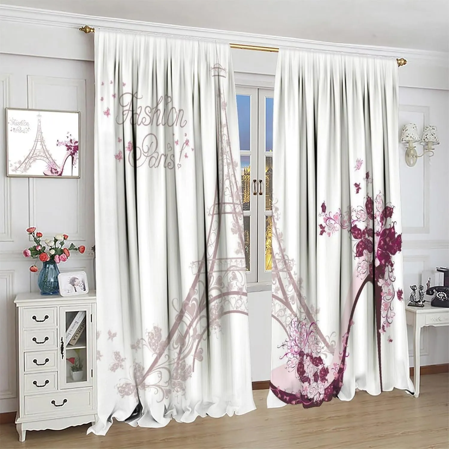 High Heel Shoe Curtains, Girls Lady Floral Eiffel Tower Cloth Farbic Window Treatment Curtains Bedroom Dining Room Living Room Office Kitchen Cafe Drapes, 42x63 in