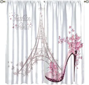 High Heel Shoe Curtains, Girls Lady Floral Eiffel Tower Cloth Farbic Window Treatment Curtains Bedroom Dining Room Living Room Office Kitchen Cafe Drapes, 42x63 in