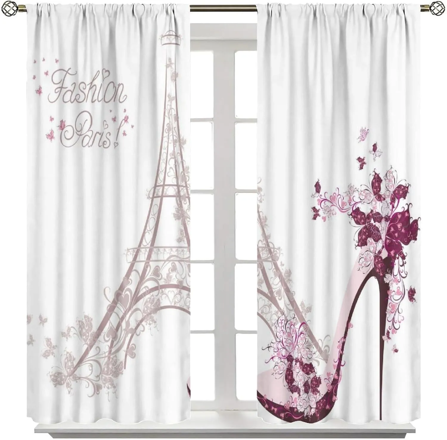 High Heel Shoe Curtains, Girls Lady Floral Eiffel Tower Cloth Farbic Window Treatment Curtains Bedroom Dining Room Living Room Office Kitchen Cafe Drapes, 42x63 in