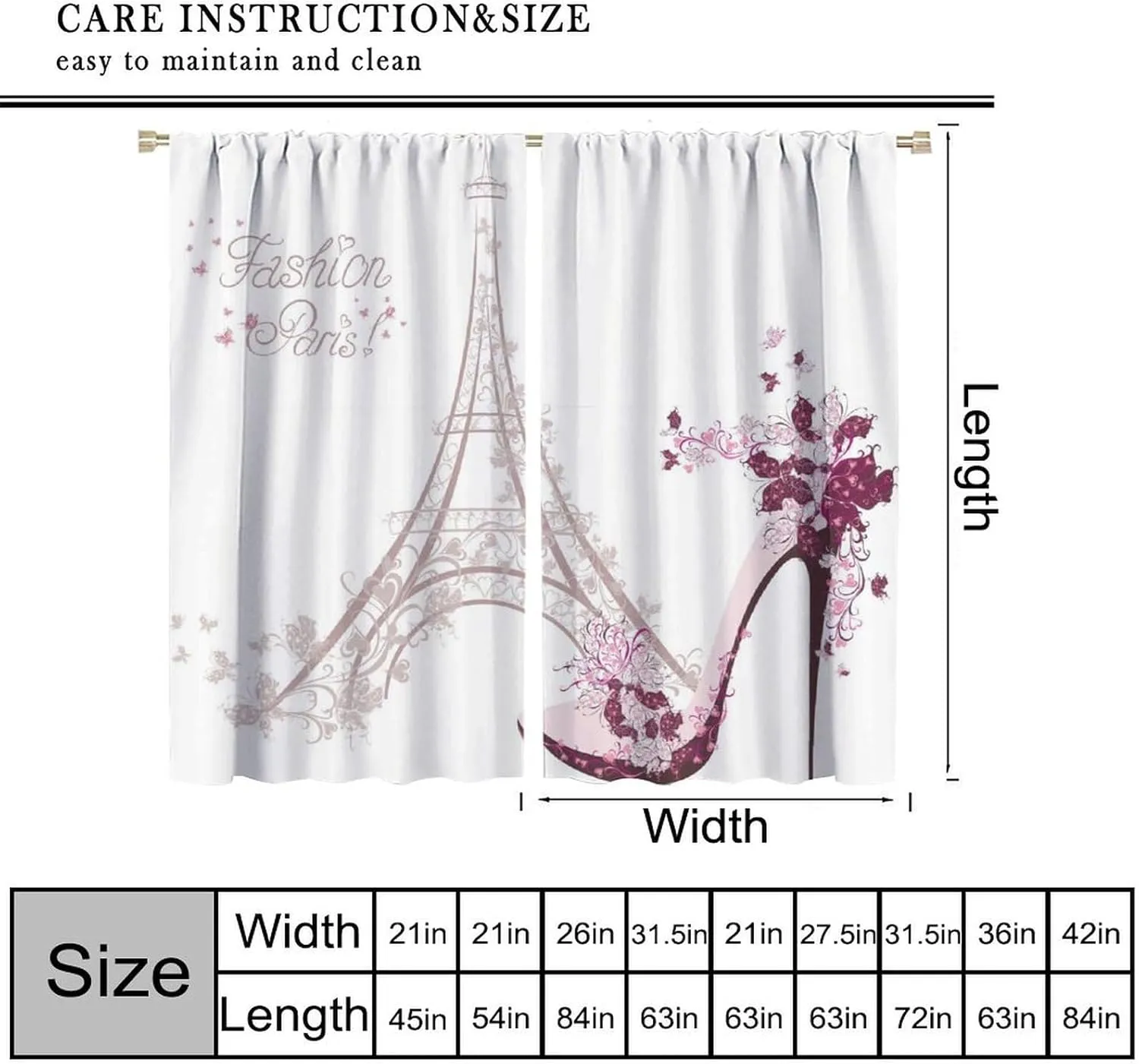 High Heel Shoe Curtains, Girls Lady Floral Eiffel Tower Cloth Farbic Window Treatment Curtains Bedroom Dining Room Living Room Office Kitchen Cafe Drapes, 42x63 in