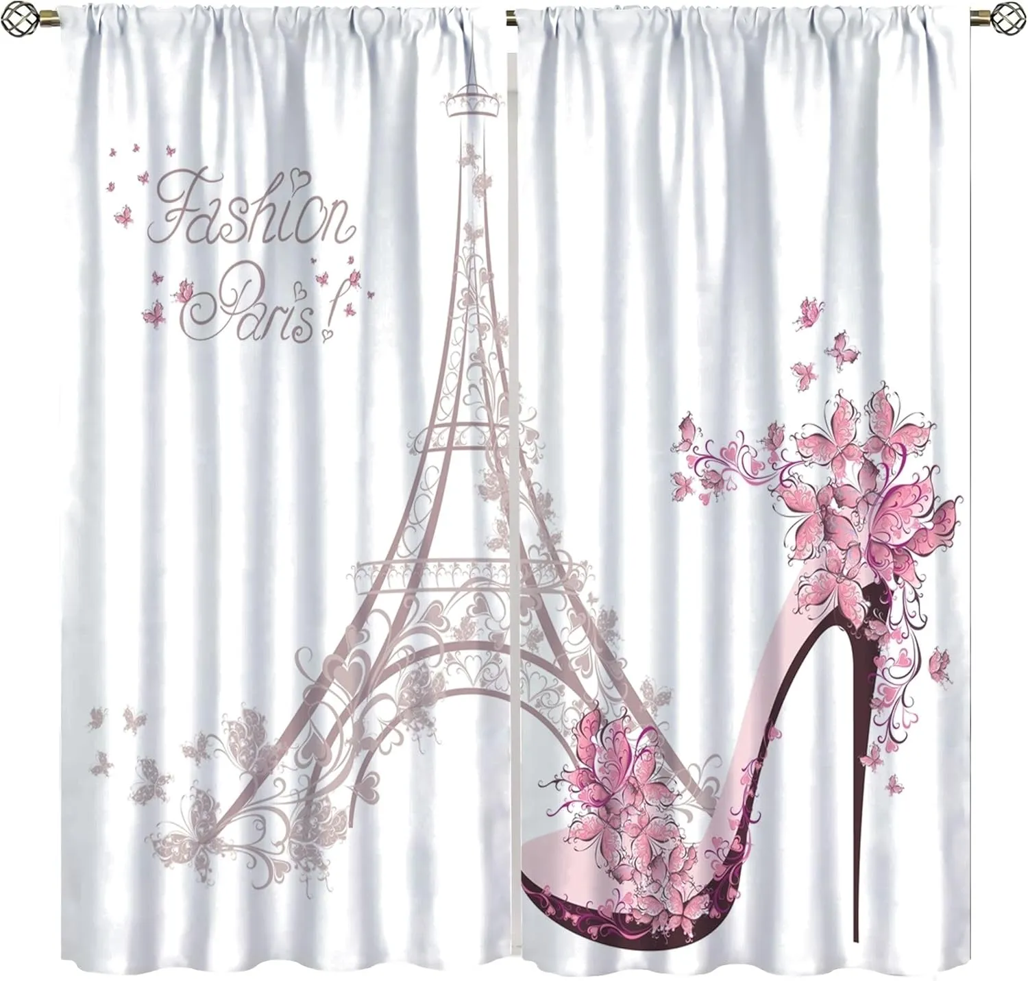 High Heel Shoe Curtains, Girls Lady Floral Eiffel Tower Cloth Farbic Window Treatment Curtains Bedroom Dining Room Living Room Office Kitchen Cafe Drapes, 42x63 in