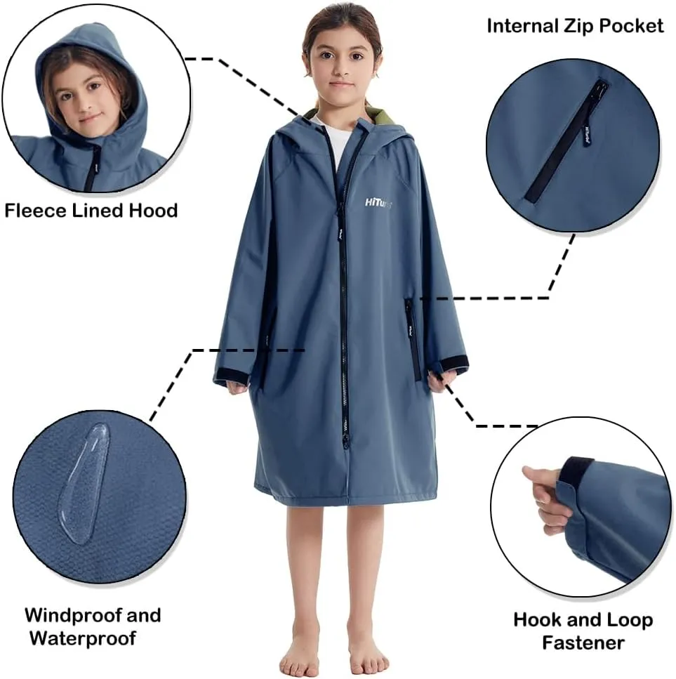 Hiturbo Kids Waterproof Swim Parka: Windproof Swimming Coat - Thin Fleece Lining - Oversized Swimmer Jacket