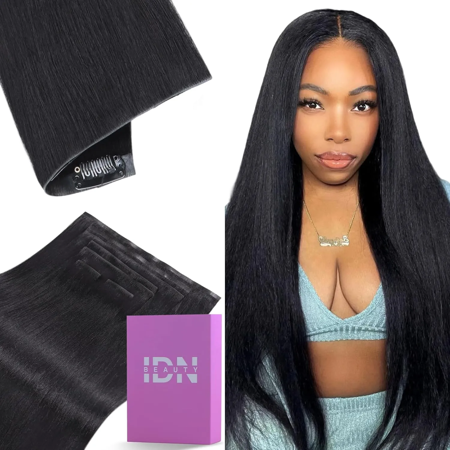 IDN BEAUTY 5 2 Invisi Edge Seamless Clip in Hair Extensions Human Hair Combo Pack, Yaki Straight 14 Inch 110g 5pcs Invisible Edge and 2pcs Seamless Clip ins for Black Women Natural Black No Leave Out
