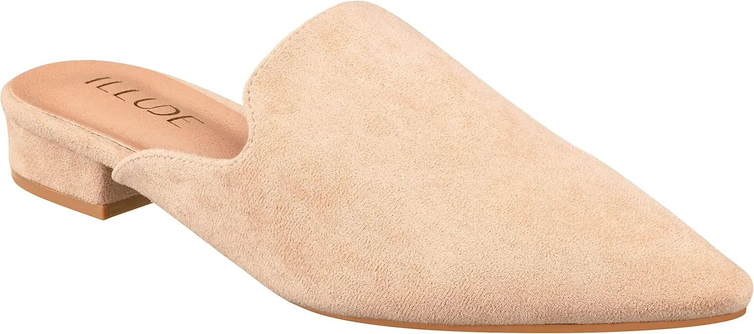 ILLUDE Women's Flat Mules Pointed Toe Backless Slip on Slides Loafer Shoes