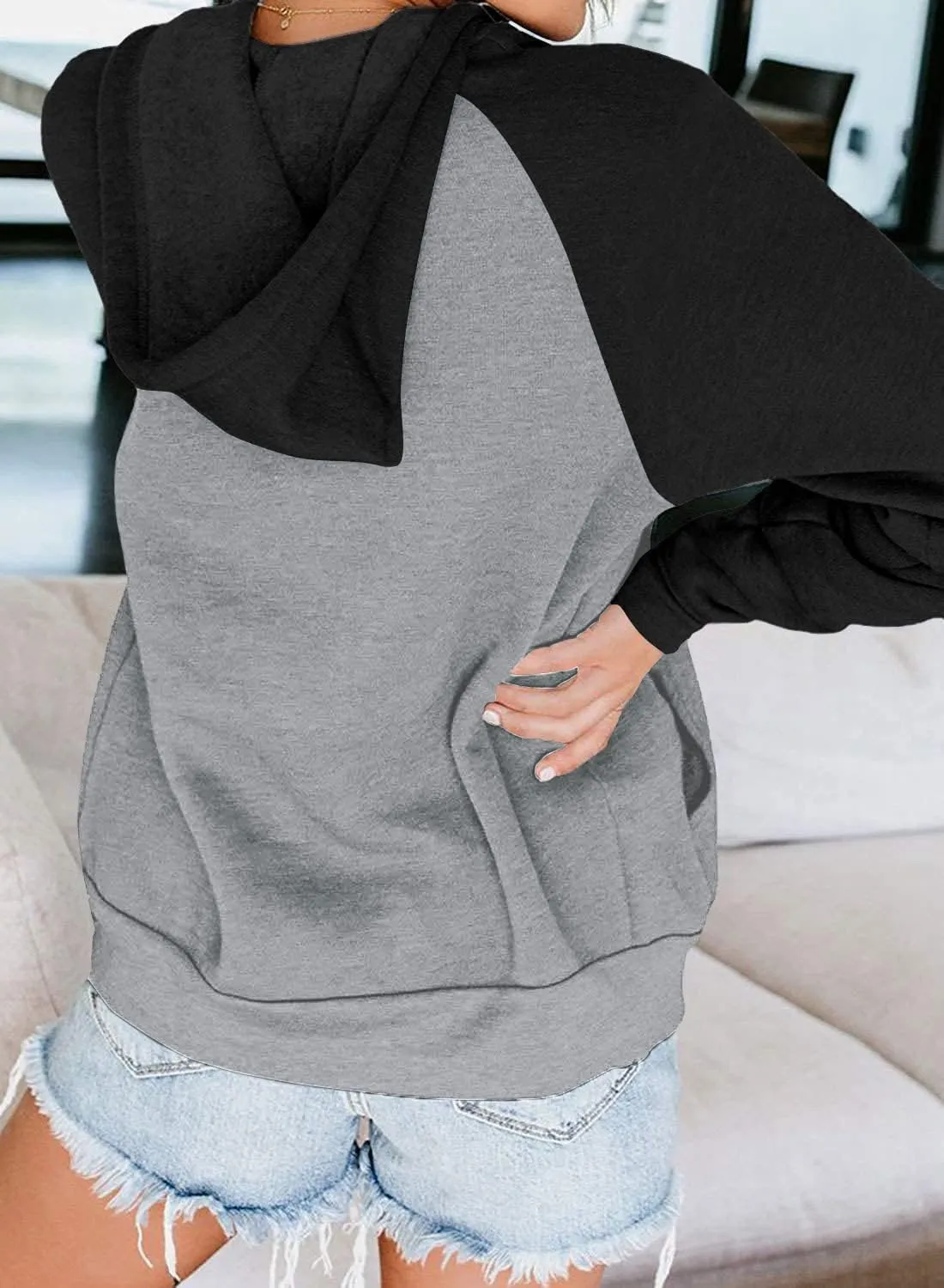 INFITTY Women's Casual Color Block Long Sleeve Zip Up Hooded Sweatshirt Lightweight Hoodies Jacket with Pocket