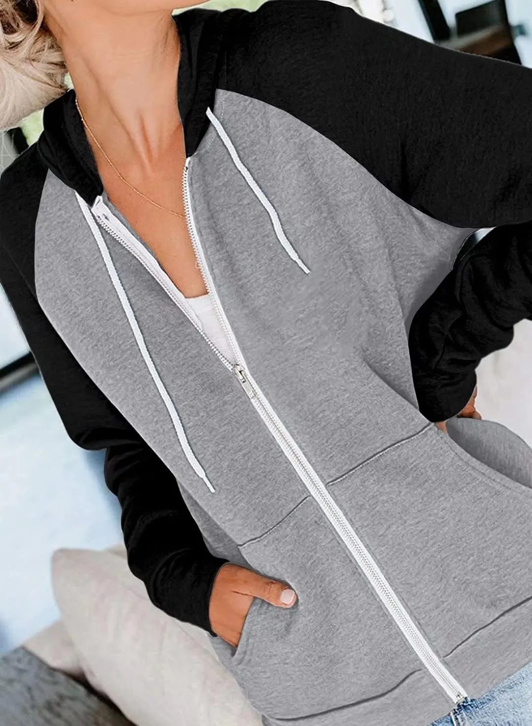 INFITTY Women's Casual Color Block Long Sleeve Zip Up Hooded Sweatshirt Lightweight Hoodies Jacket with Pocket
