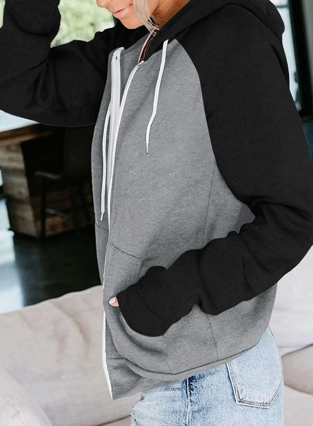 INFITTY Women's Casual Color Block Long Sleeve Zip Up Hooded Sweatshirt Lightweight Hoodies Jacket with Pocket