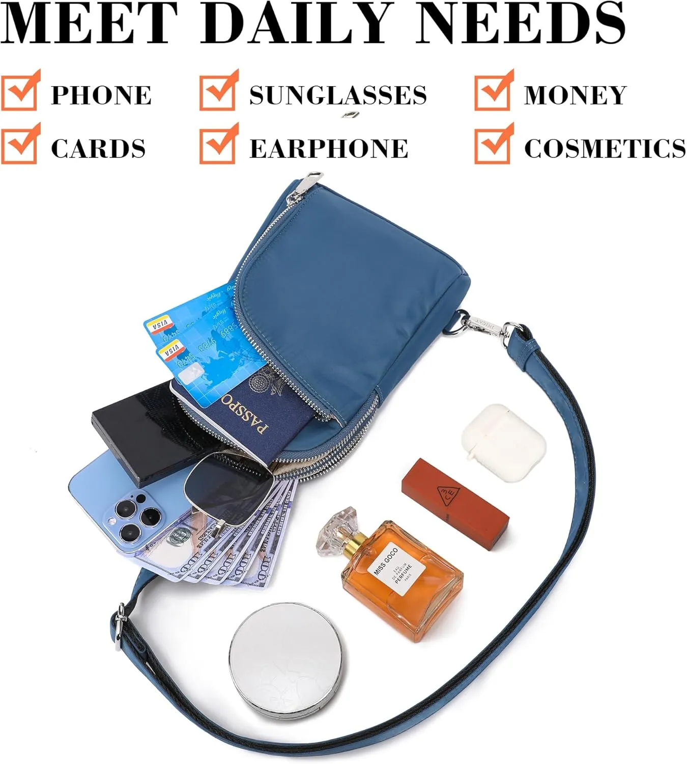 INICAT RFID Blocking Nylon Crossbody Bag for Women Small Sling Bag Travel Fanny Packs Belt Bag(Blue N)