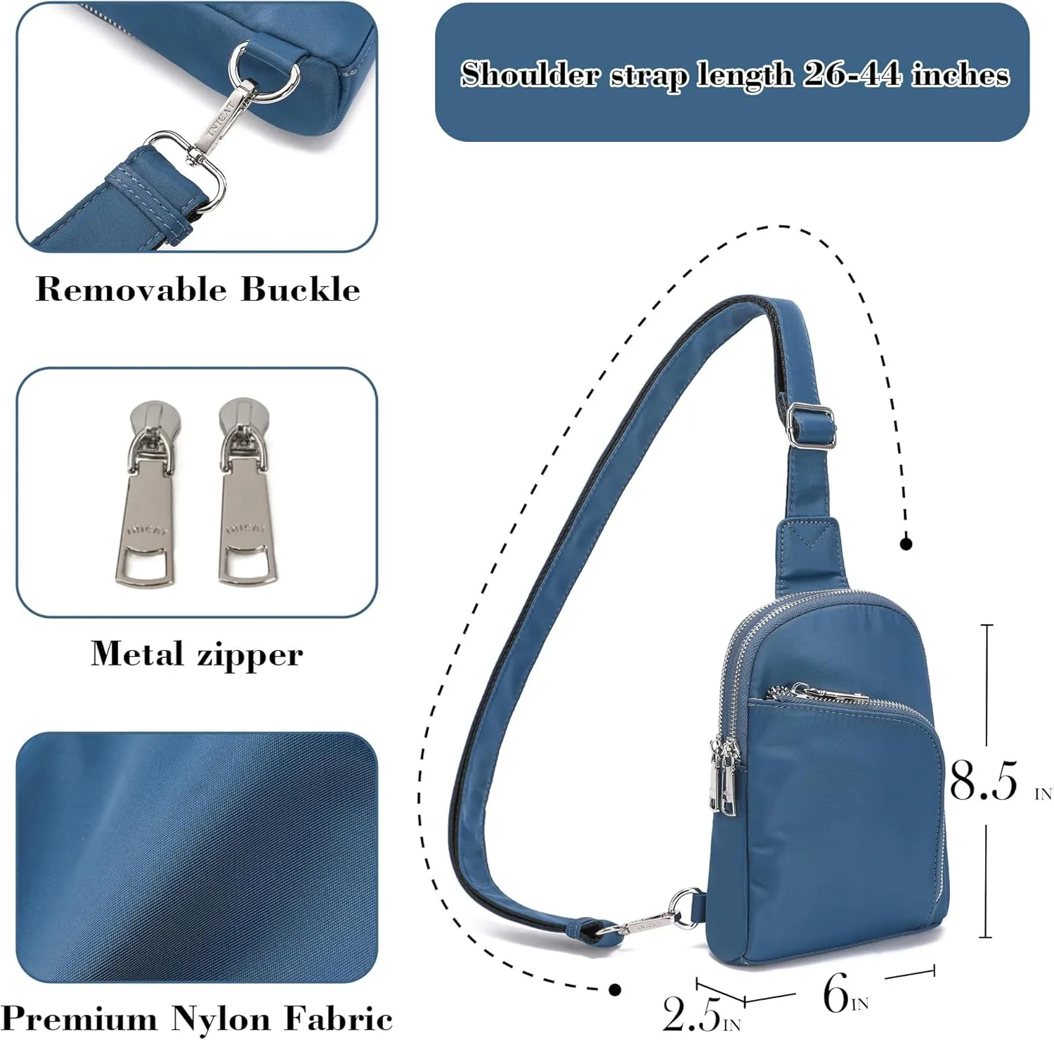INICAT RFID Blocking Nylon Crossbody Bag for Women Small Sling Bag Travel Fanny Packs Belt Bag(Blue N)