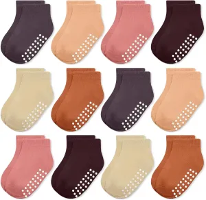 JAKIDAR 12 Pair Baby Toddler Socks Non-Slip Grip Cotton Ankle Socks for Boys Girls Non Skid Soles for Infants Kids