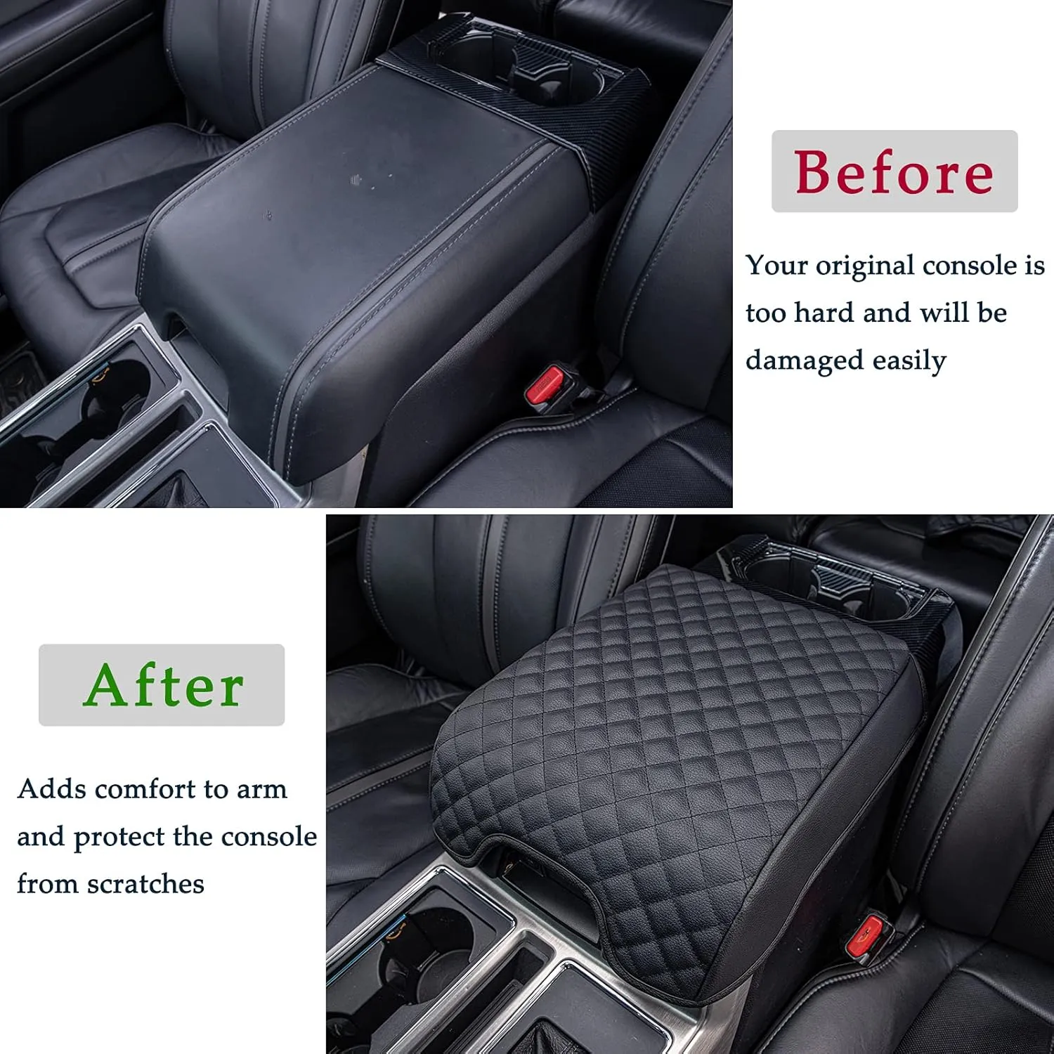 JDMCAR Center Console Cushion Compatible with 2015-2020 Ford F150 / 2017-2022 F250 F350 F450 and 2018-2024 Expedition Accessories, Customized PU Leather Armrest Cover Protector (Bucket Seat Only)