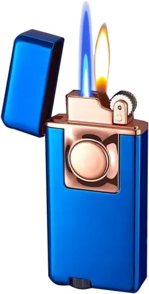 Jet Torch Cigar Lighter Dual Flame Soft Torch Flame 2 in 1 Cigar Lighter Butane Fuel Refillable Suitable for Cigar Kitchen Outdoor Candle Gift (No Gas)(Color:Blue)
