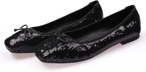 JiangWei Shu Women's Bow Knot Ballet Flats Sequins Sparkle Slip On Dress Elegant Lady Wedding Shoes, Black US 8.5