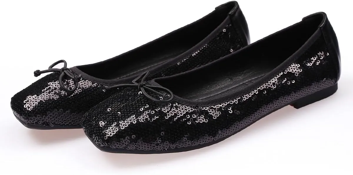 JiangWei Shu Women's Bow Knot Ballet Flats Sequins Sparkle Slip On Dress Elegant Lady Wedding Shoes, Black US 8.5