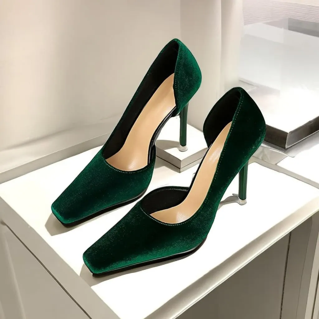 JOEupin Women Formal Stiletto High Heels Pumps Pointed Toe Velvet Slide Office Wedding Lady Party Dress Shoes 4Inch