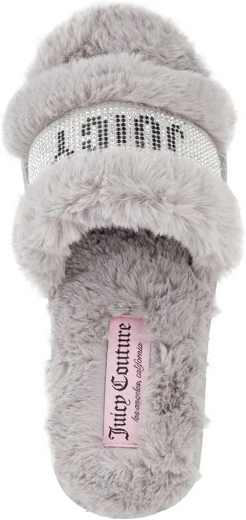 Juicy Couture Women's Luxe Faux Fur Slide Slippers with Embellished Strap, Cozy Indoor/Outdoor Fuzzy Slip-On Sandals