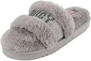 Juicy Couture Women's Luxe Faux Fur Slide Slippers with Embellished Strap, Cozy Indoor/Outdoor Fuzzy Slip-On Sandals