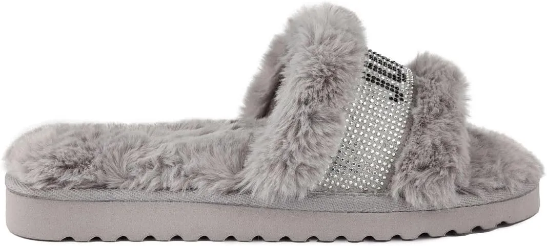 Juicy Couture Women's Luxe Faux Fur Slide Slippers with Embellished Strap, Cozy Indoor/Outdoor Fuzzy Slip-On Sandals