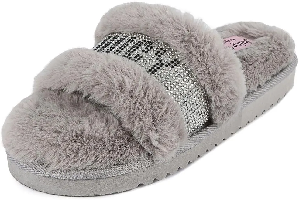 Juicy Couture Women's Luxe Faux Fur Slide Slippers with Embellished Strap, Cozy Indoor/Outdoor Fuzzy Slip-On Sandals
