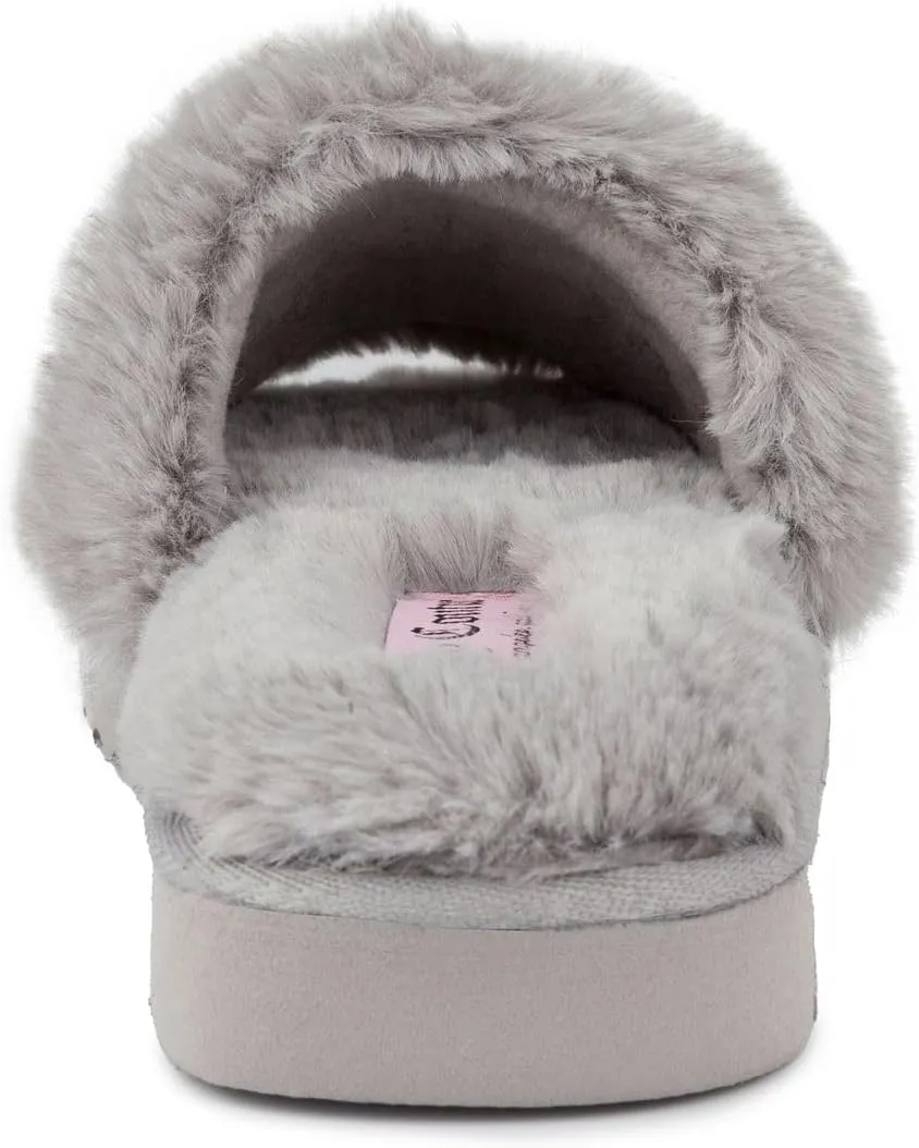 Juicy Couture Women's Luxe Faux Fur Slide Slippers with Embellished Strap, Cozy Indoor/Outdoor Fuzzy Slip-On Sandals