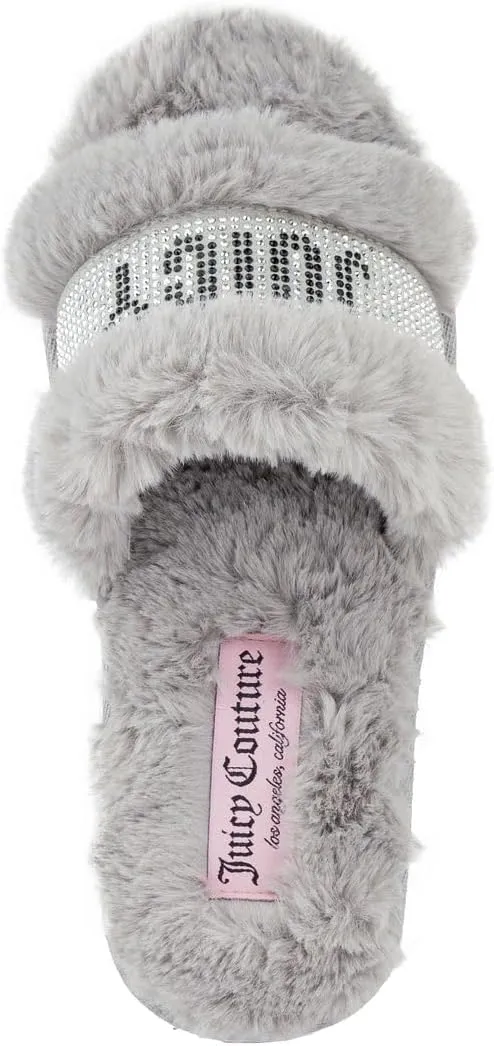 Juicy Couture Women's Luxe Faux Fur Slide Slippers with Embellished Strap, Cozy Indoor/Outdoor Fuzzy Slip-On Sandals