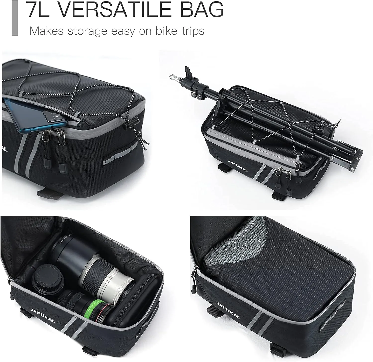 JXFUKAL Rear Bike Rack Bag with Rain Cover, 7L/9L/10L/12L Waterproof Bicycle Ebike Saddle Bag Cycling Pannier Trunk Carrier with Reflector & Adjustable Cord for Commuter Travel Outdoor