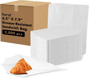 Karat Grease and Leak-Resistant Paper Sandwich Bags, BPA-Free and PFAs-Free, Recyclable Paper Bags for Snacks and Lunch, Sealable, Easy-to-Open, Flat-Storage Design - Pack of 2000 pcs (White)