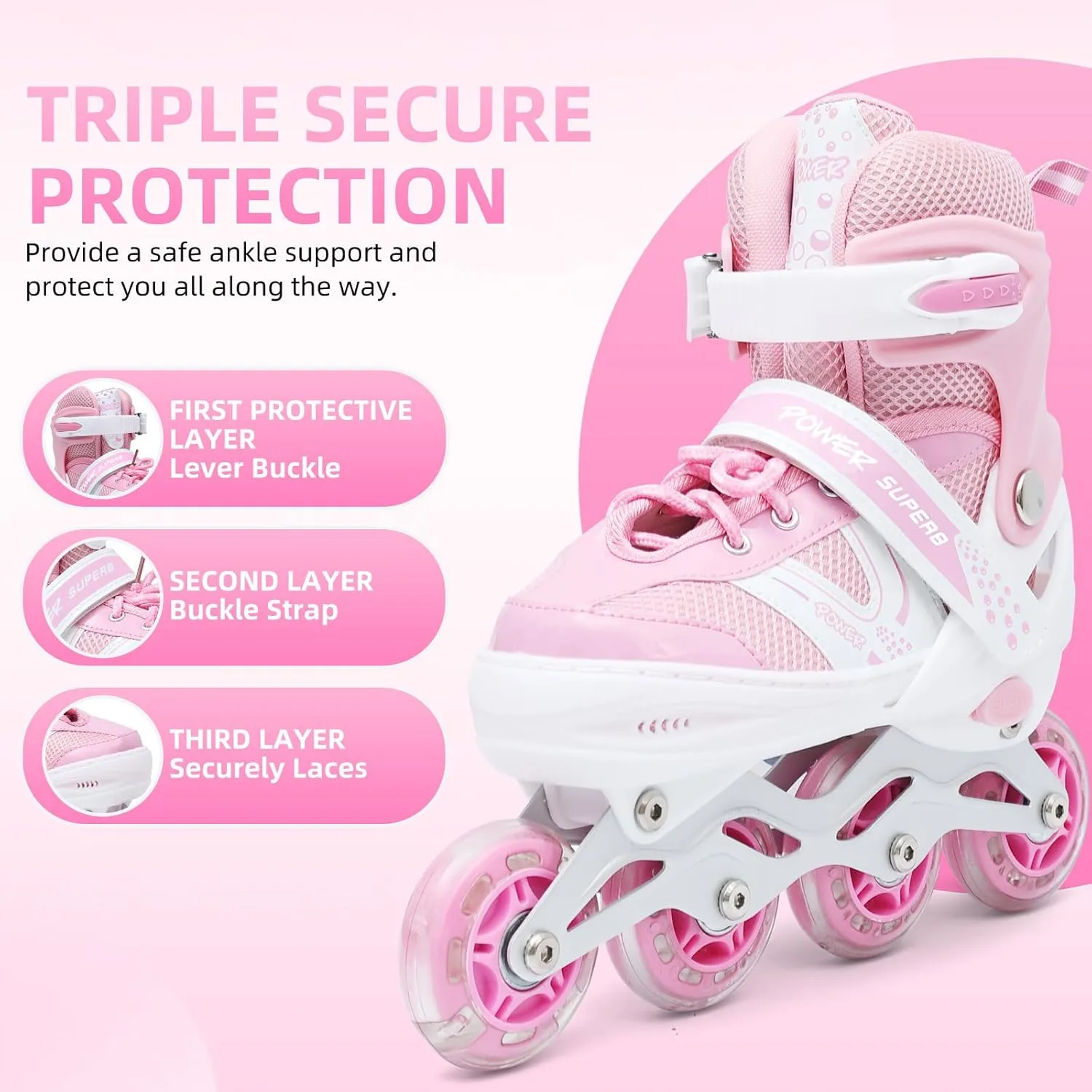 KDJ Adjustable Inline Skates for Kids Age 3-6 6-12 12-14, Beginner with Full Light Up Wheels Roller Skates for Boys & Girls