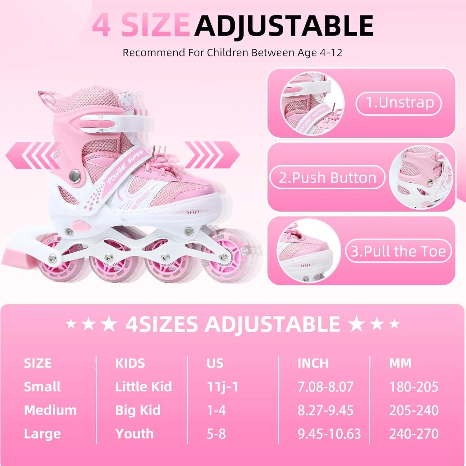 KDJ Adjustable Inline Skates for Kids Age 3-6 6-12 12-14, Beginner with Full Light Up Wheels Roller Skates for Boys & Girls