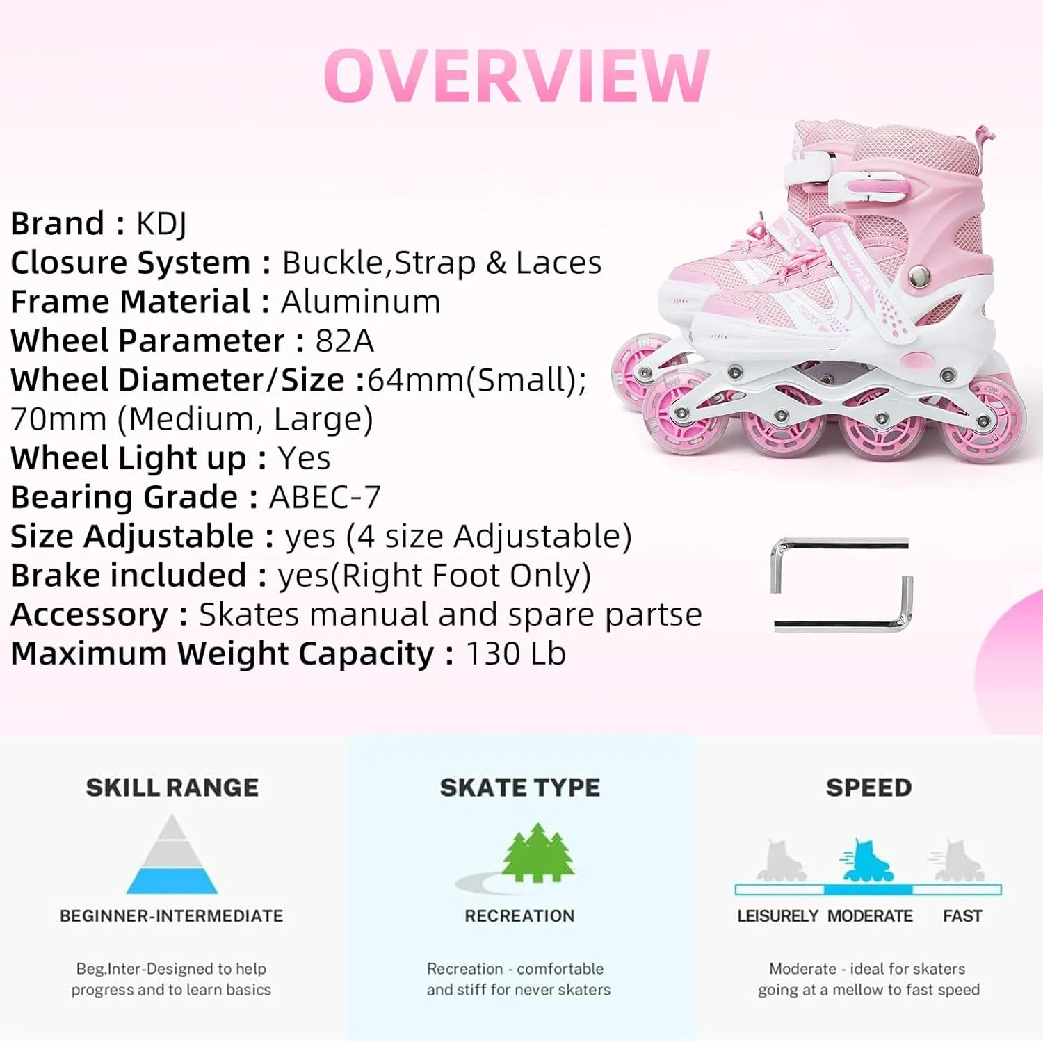 KDJ Adjustable Inline Skates for Kids Age 3-6 6-12 12-14, Beginner with Full Light Up Wheels Roller Skates for Boys & Girls