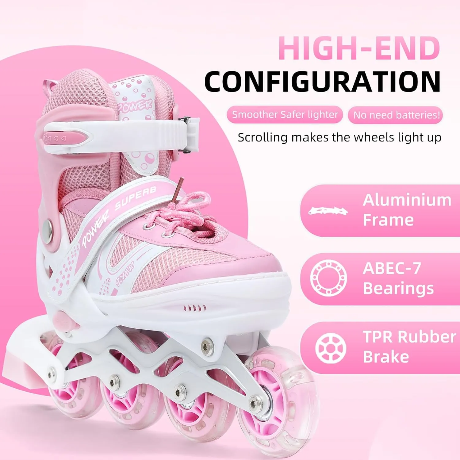 KDJ Adjustable Inline Skates for Kids Age 3-6 6-12 12-14, Beginner with Full Light Up Wheels Roller Skates for Boys & Girls