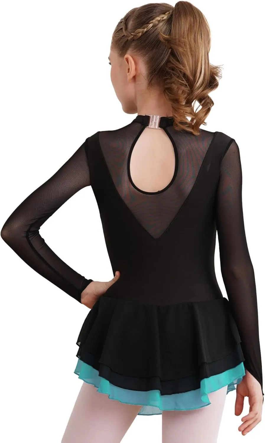 Kids Girls Figure Skating Dress Long Sleeves Ballet Dance Gymnastics Leotards Tutu Dress