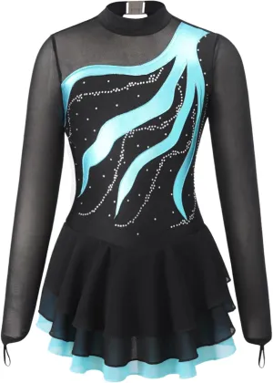 Kids Girls Figure Skating Dress Long Sleeves Ballet Dance Gymnastics Leotards Tutu Dress
