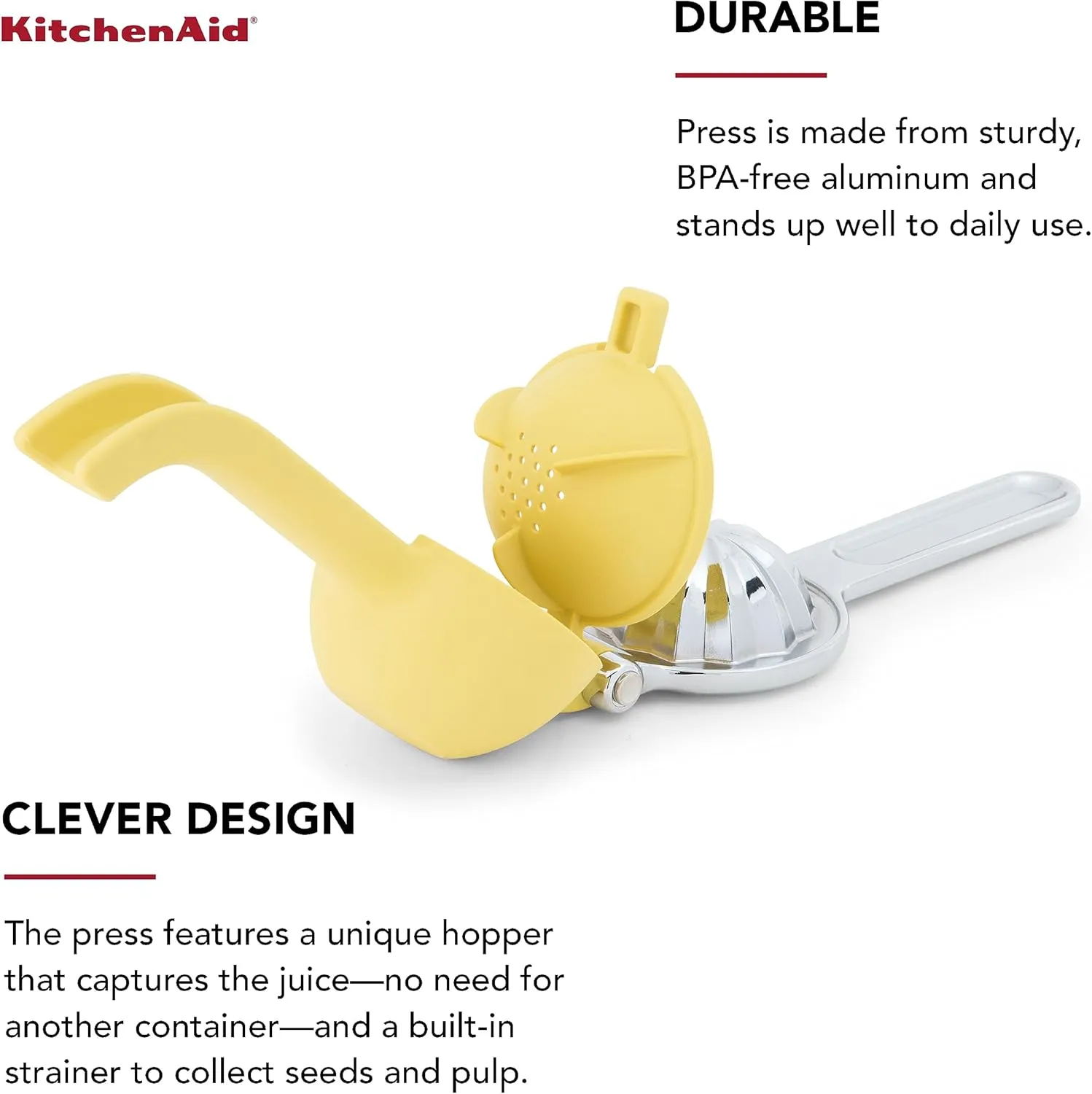 KitchenAid Citrus Juice Press Squeezer for Lemons and Limes with Seed Catcher and Pour Spout, Lemon, 8 inches
