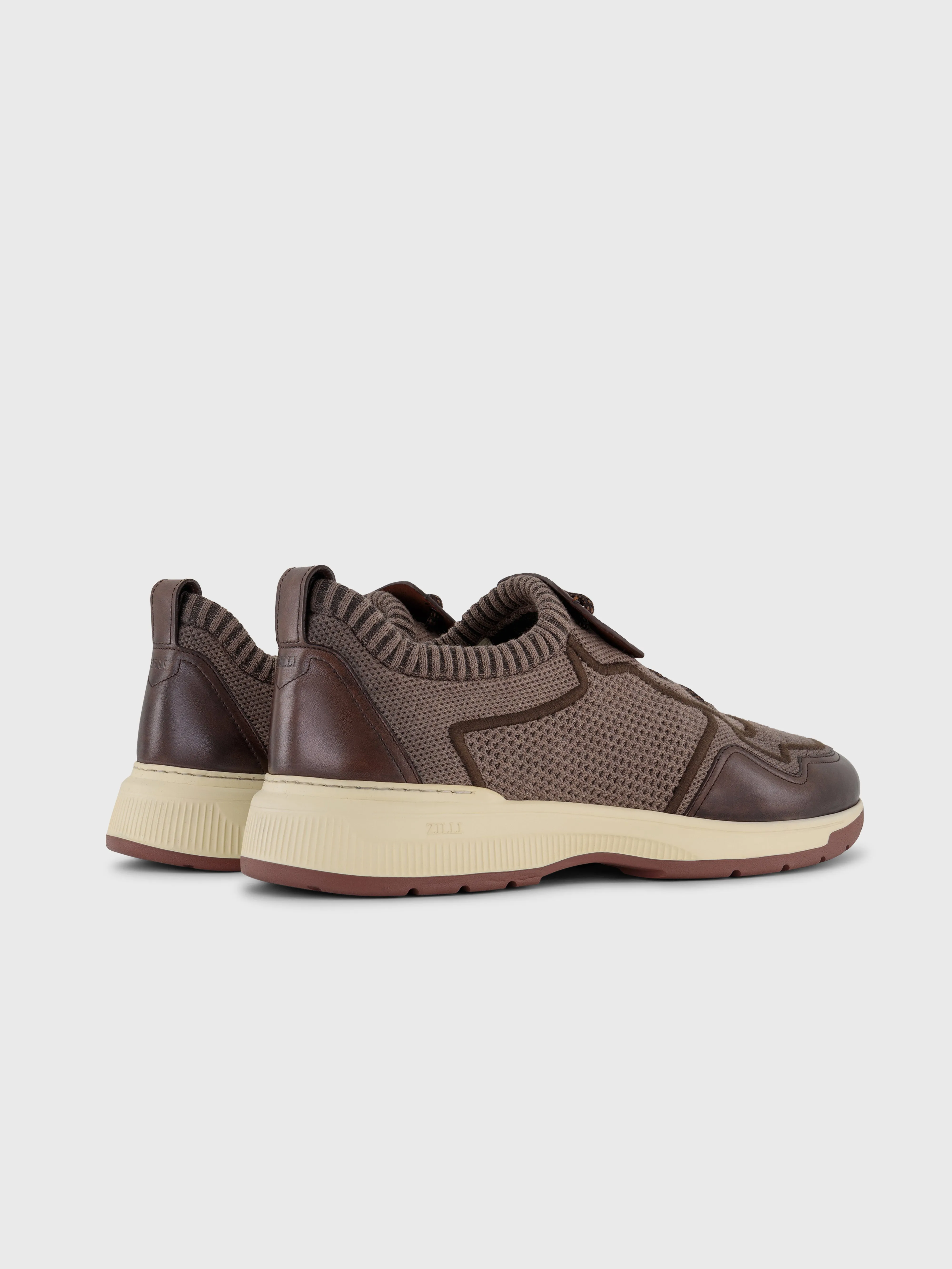 Knit and Calfskin Low-Top Sneakers - Stone Tan